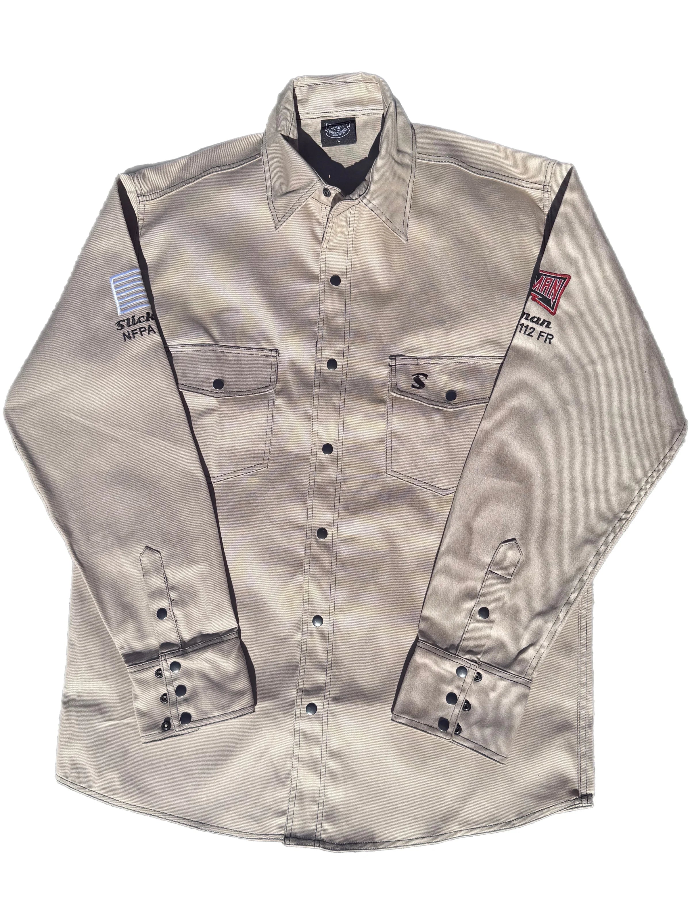 Slickman Khaki FR Welding Shirt with Pearl Snap Closures
